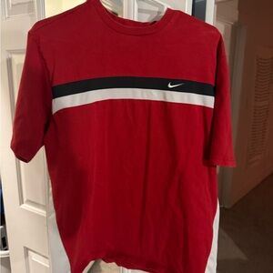 Nike Men's Red Tee with Black and White Stripe vintage Nike Size M